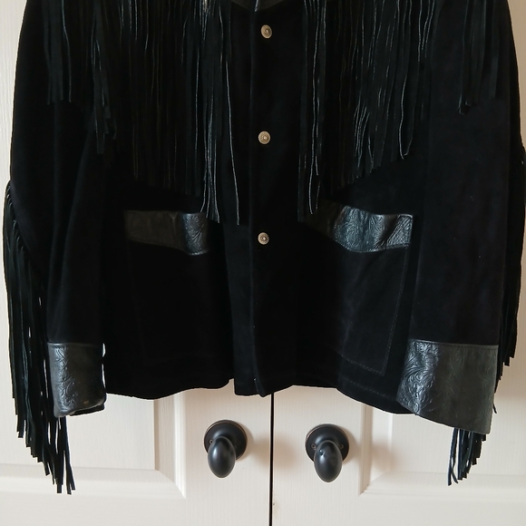 Schott NYC Western Black Tooled Leather Conchos Fringed Jacket 46 USA Vintage. - Picture 4 of 12